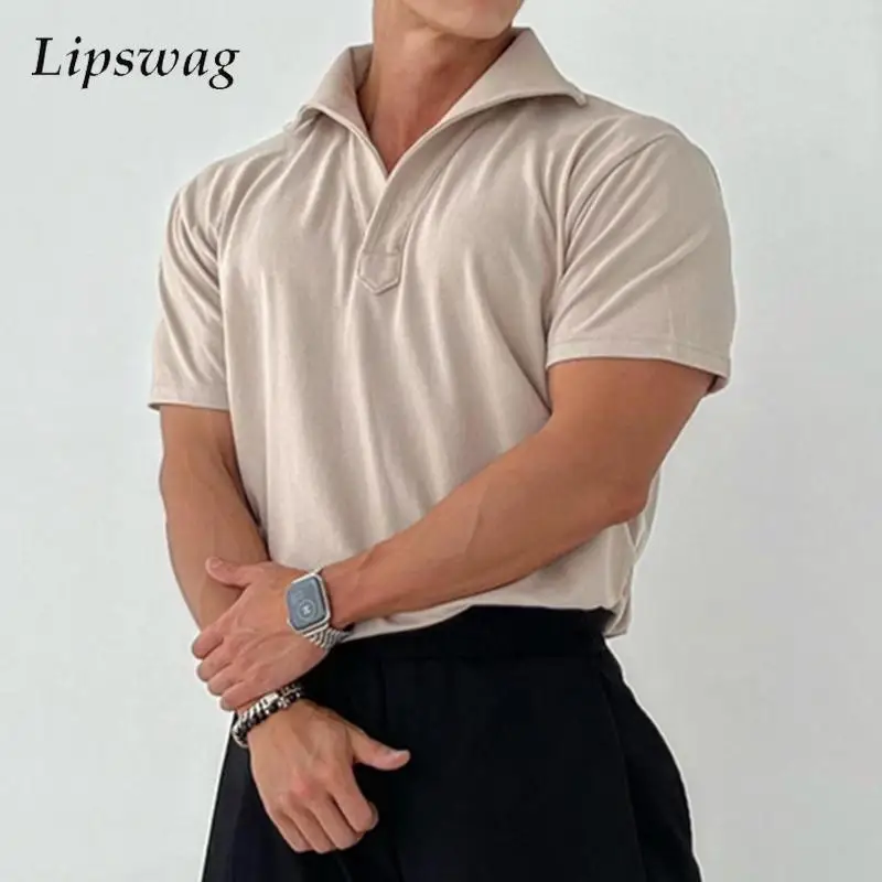 

Korean Fashion Men Solid Polo Shirt Spring Summer New T-shirt Streetwear Casual Slim Short Sleeve Polo Collar Top Mens Clothes