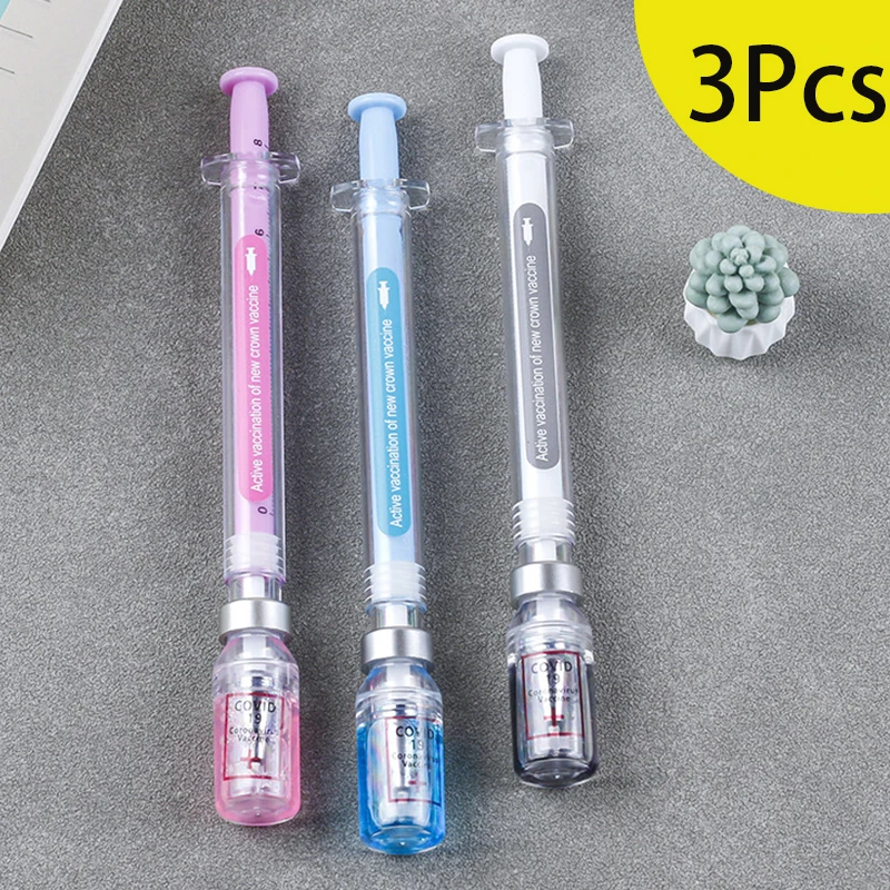 

3Pcs Active Vaccination Pens Simulation Vaccine Pens Needle Neutral Pen Strengthen Syringe Shape Stationery Black Ballpoint Pen