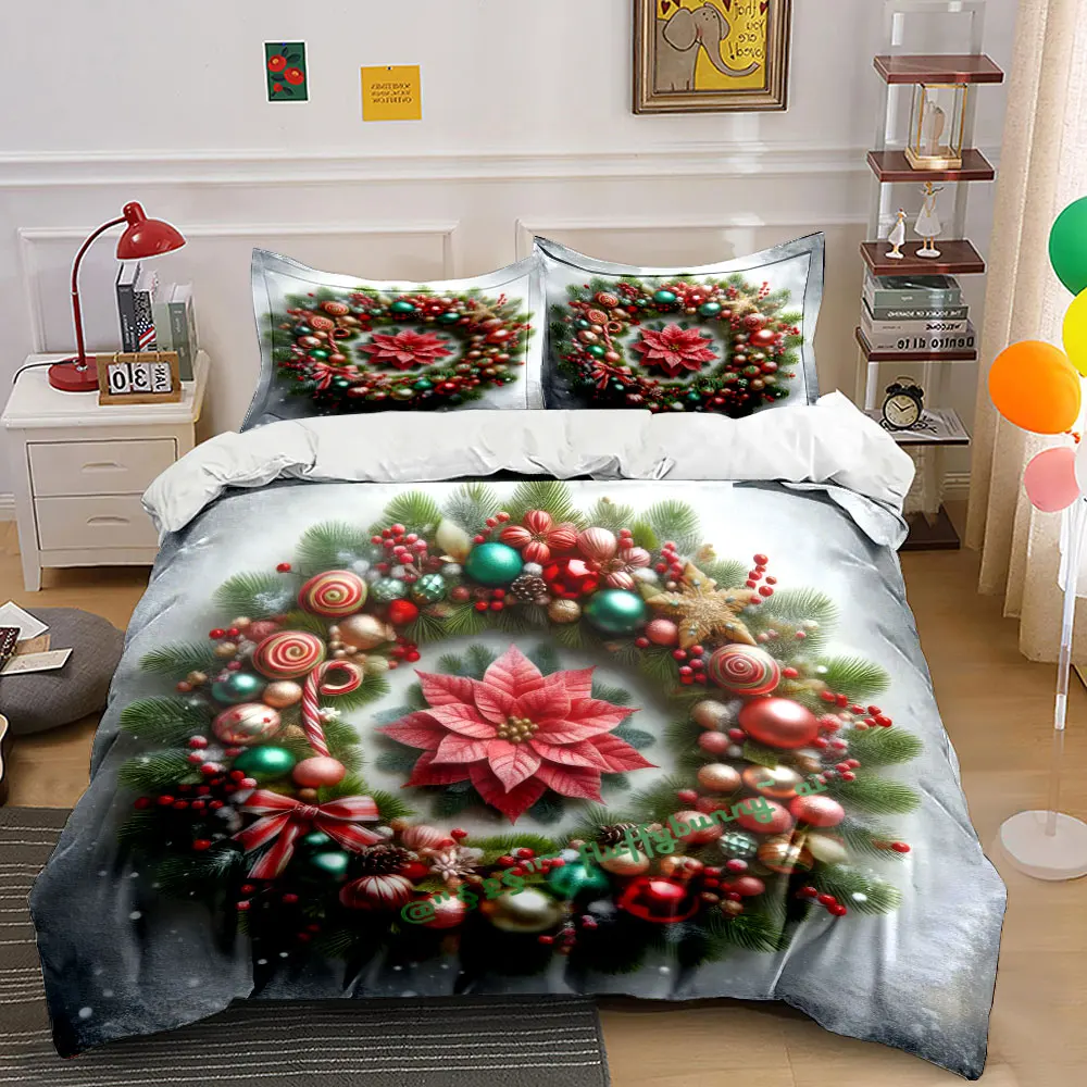 Festive wreath adorned with colorful ornaments red flower Print Duvet Cover Bedding Set Included 1*Duvet Cover 2*Pillowcases