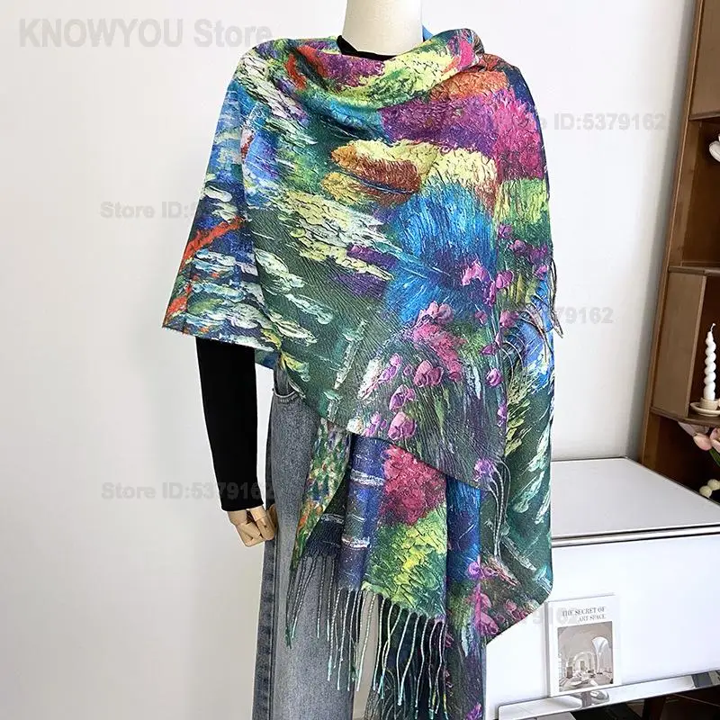 Women Fau-Cashmere Scarf Double Sided Digital Print Shawl Tassel Long Wrap Vintage Winter Warm Neck Warmer Fashion Accessory