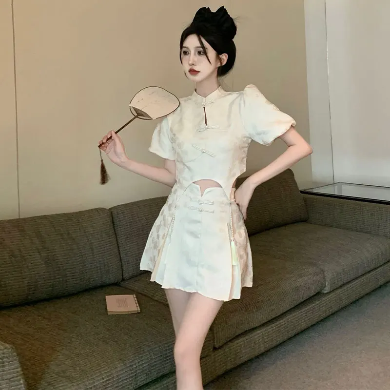 

New Chinese Style National Trend Two-Piece Set Young High Waist Vintage Short Sleeve Comfortable Cotton Shirt And Skirt
