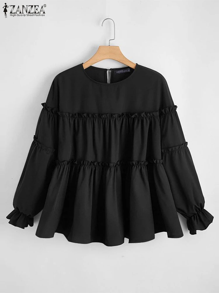 

ZANZEA Women Blouses Vintage Solid Color Shirt Fashion Lantern Long Sleeve Ruffled Edge Patchwork Tunic Casual O-Neck Loose Tops