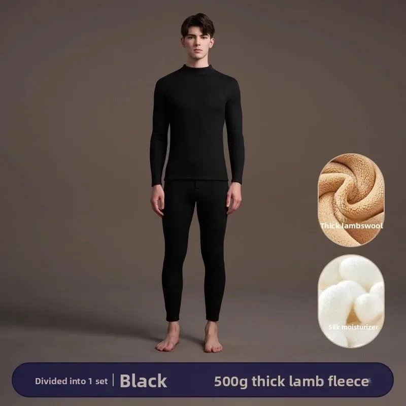 

Теплое нижнее белье из флиса ягненка, мужская одежда с утолщенным флисом, осенняя одежда и брюки, мужской зимний комплект