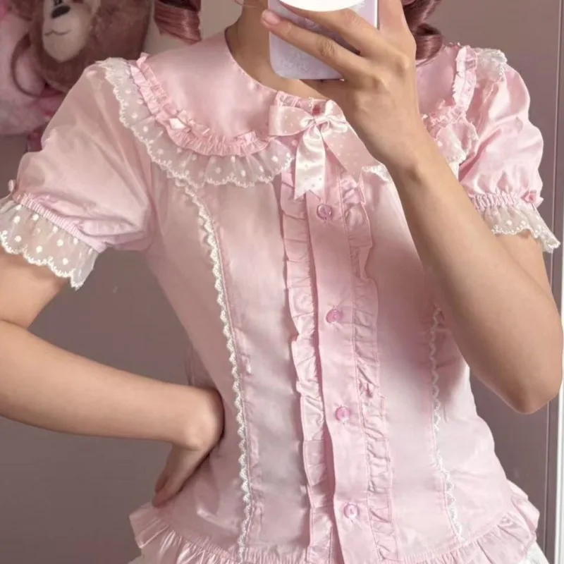 

Costume Sweet Ruffles Blouses Spring Summer Japanese Style Puff Sleeve Women Shirts Retro Sweet Peter Pan Collar Blusas Mujer