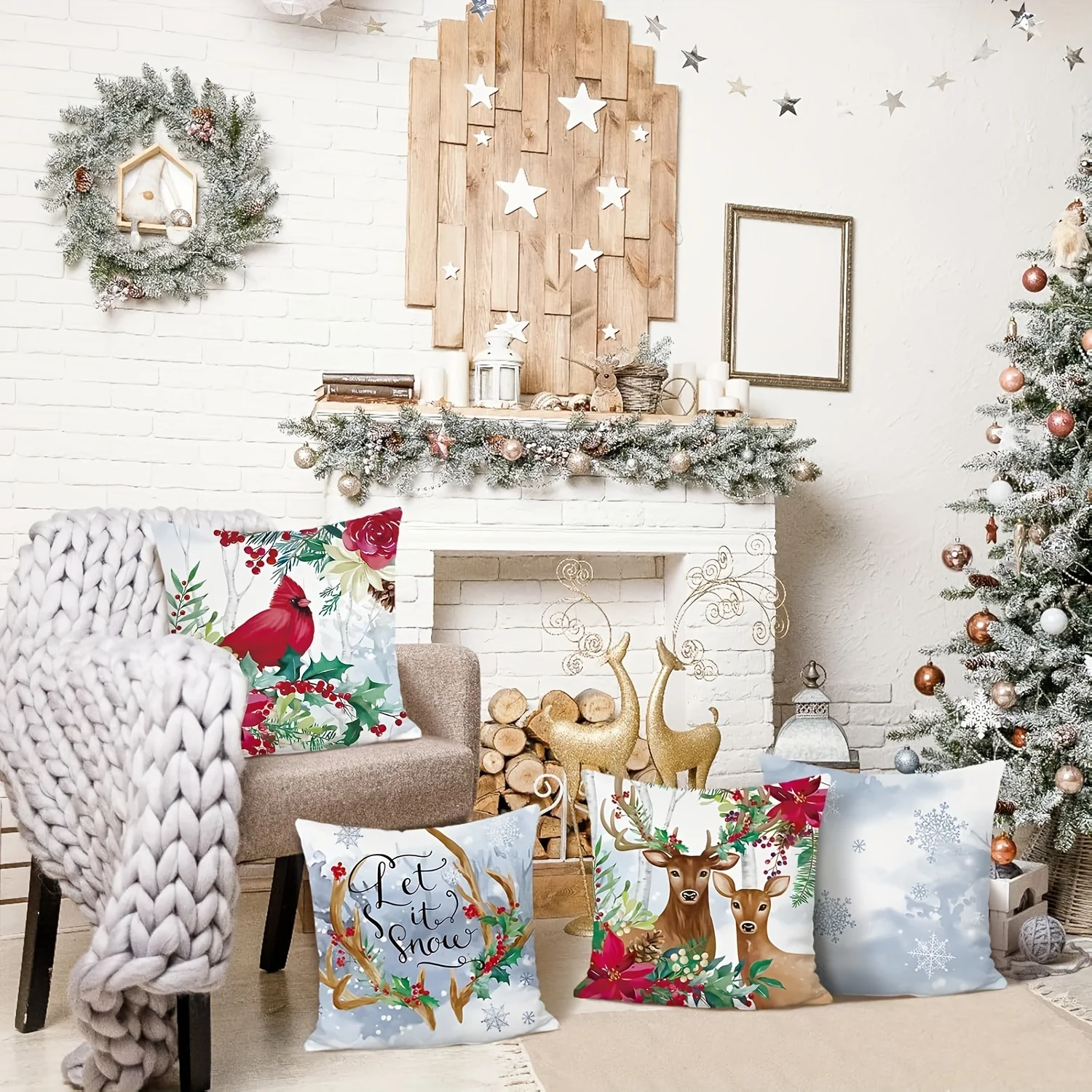 Set of 4, Country-Rustic Linen Throw Covers, Christmas Winter Reindeer Cardinal Poinsettia Zippered Decorative Cushions
