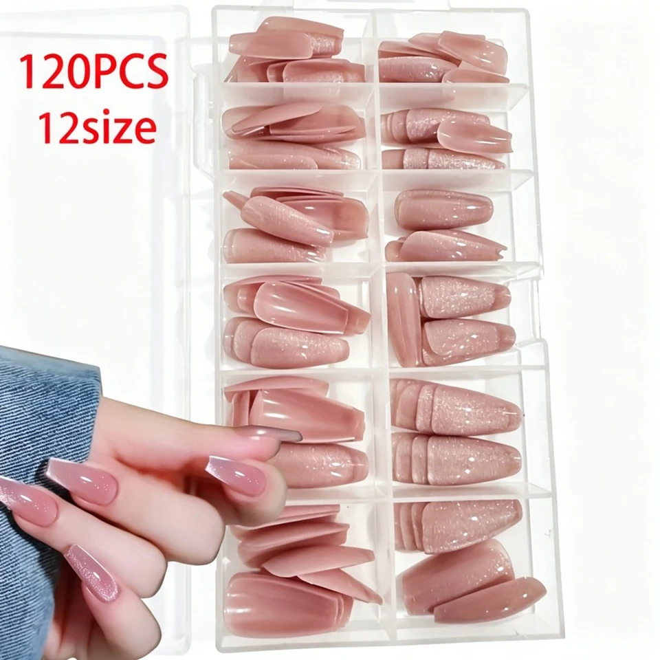 120 uñas postizas nude rosa efecto gato, brillantes, redondas cortas, cobertura completa 4