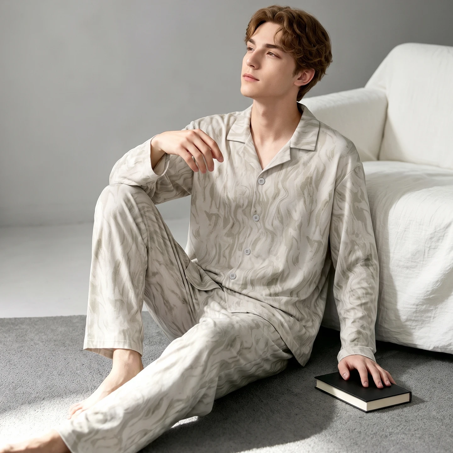 Autumn Full Pure Cotton Men Pyjamas Cardigan Fashion Print Pajamas Sets Sleepwear Long Sleeve Tops + Pants 2Pcs Home Clothing