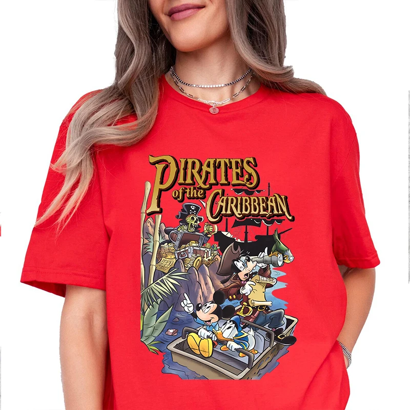 Disney Vintage Mickey Mouse And Friends Pirates Print Women's T-Shirt Cotton Short Sleeve Casual Top