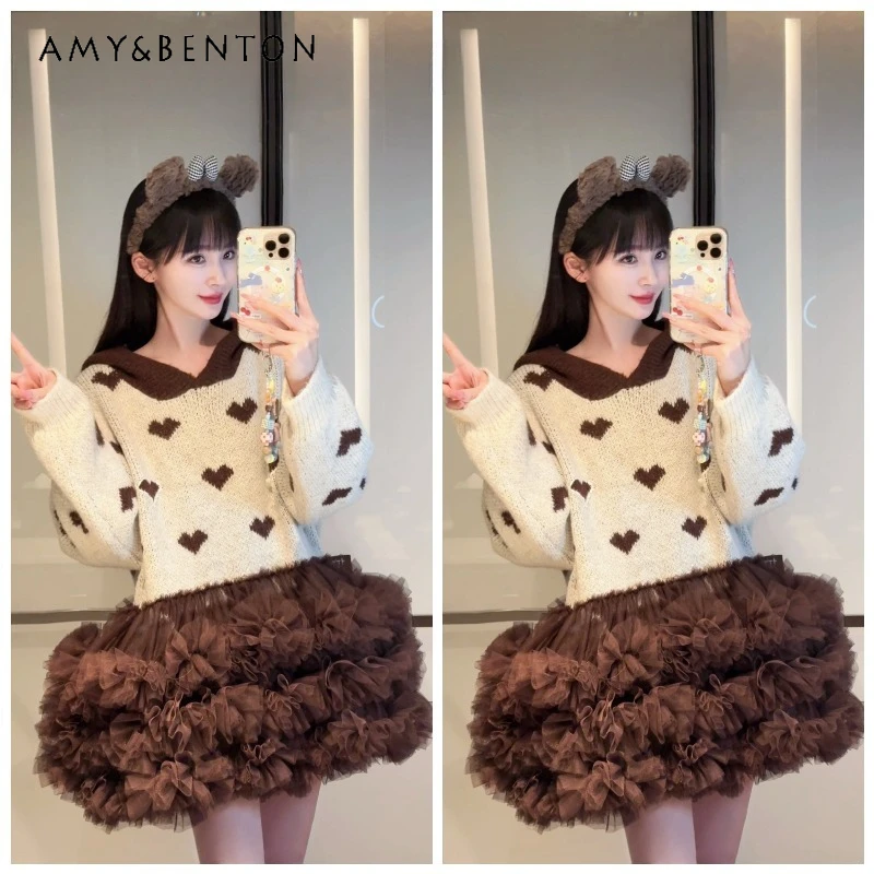 

Princess Style Heavy Knit Sweater Dress Super Puffy Mesh Hem Heart Detail Loose Slimming Cute Sweet Casual Dating Party Dresses