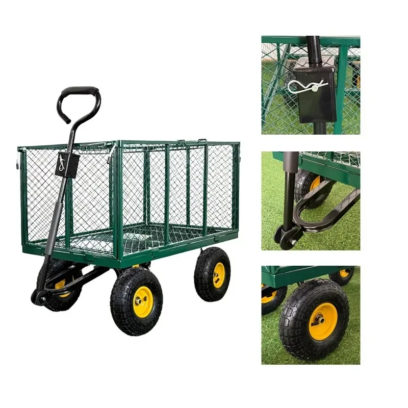 Heavy Duty Steel Mesh Garden Folding Wagon Trolley with Removable Sides Green