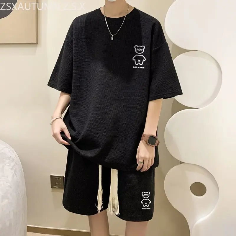 2023 neue koreanische Mode Männer kurze Sets Hip Hop Rock lässig kurzen Anzug lustige Bär T-Shirts Shorts 2 Stück Set Sommer Trainings anzug Männer