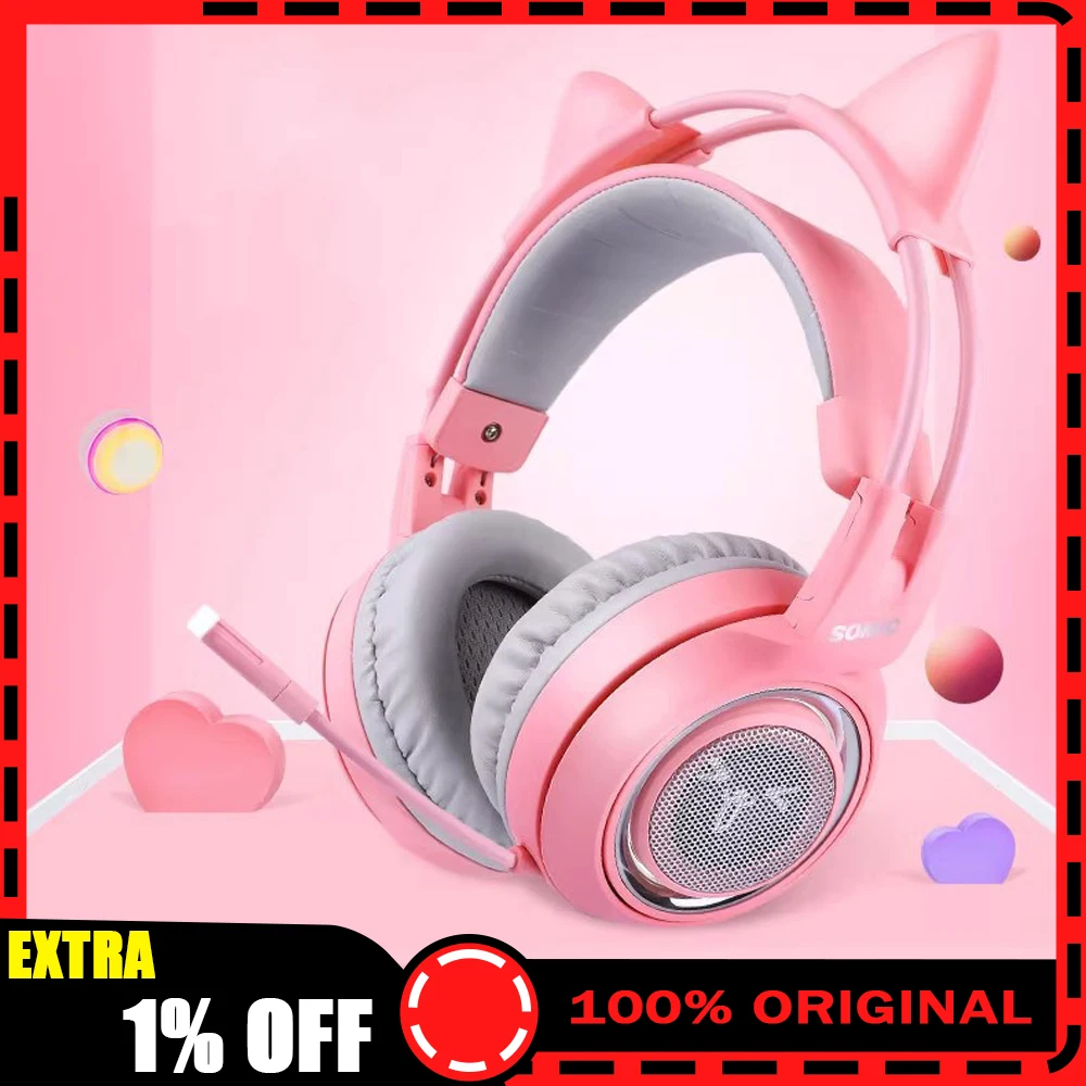 

Somic G951 Проводная гарнитура с кошачьими ушками, милые розовые игровые наушники 3,5 мм с шумоподавлением и микрофоном, компьютерная гарнитура для киберспорта для девочек