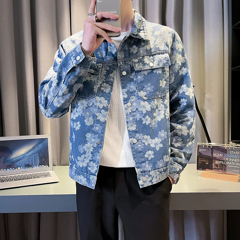 2024 Spring New Denim Coat for Men's Fashion Versatile Jacquard Printed Wash Lapel Blue Luxury Retro Denim Coat for Men Clothing