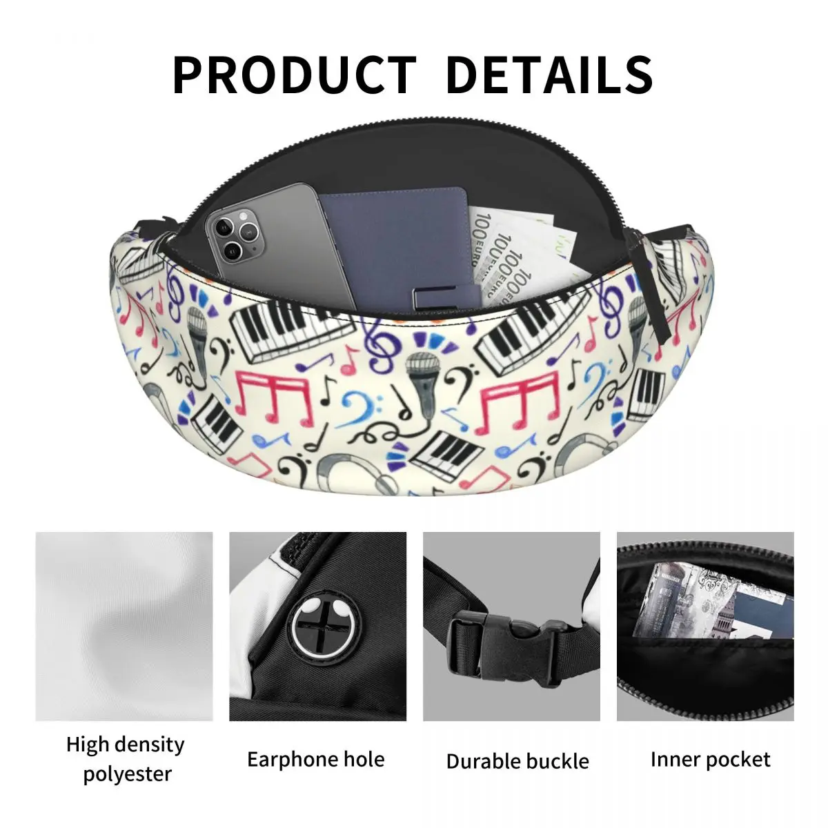 Good Beat Music Notes marsupio donna uomo Classic Music Piano Lover Crossbody marsupio per campeggio Biking Phone Money Pouch