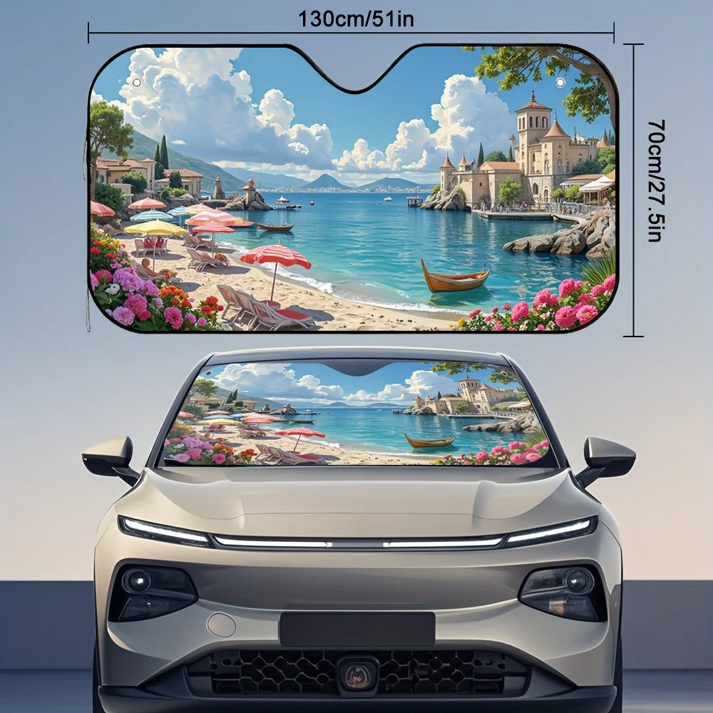 1pc Sunny Coastal Town Car sun visor Magnetic Retention Sunshield for Car Washes Waterproof Design Vehicle Accessory