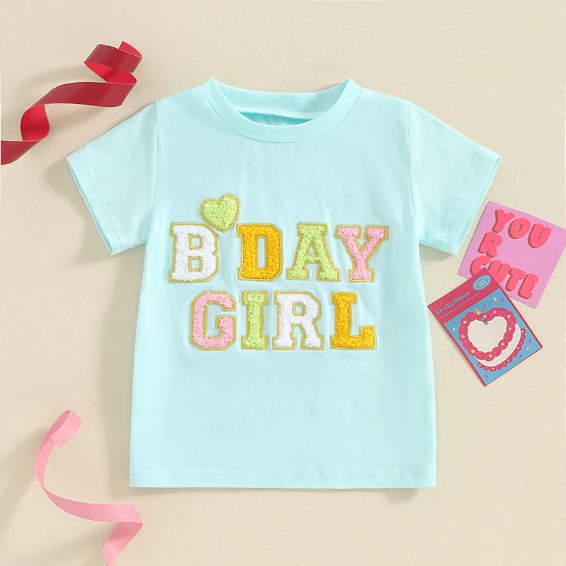 Kids Clothes Girl's Birthday Tops Casual Furry Letter Heart Embroidery Short Sleeve Round Neck T-Shirt Infants Tees