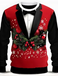 Christmas Tree Snowflake Bow tie Men's 3D Print O-Neck T shirt Tee Party Casual Christmas Theme T shirt Red Long Sleeve tops