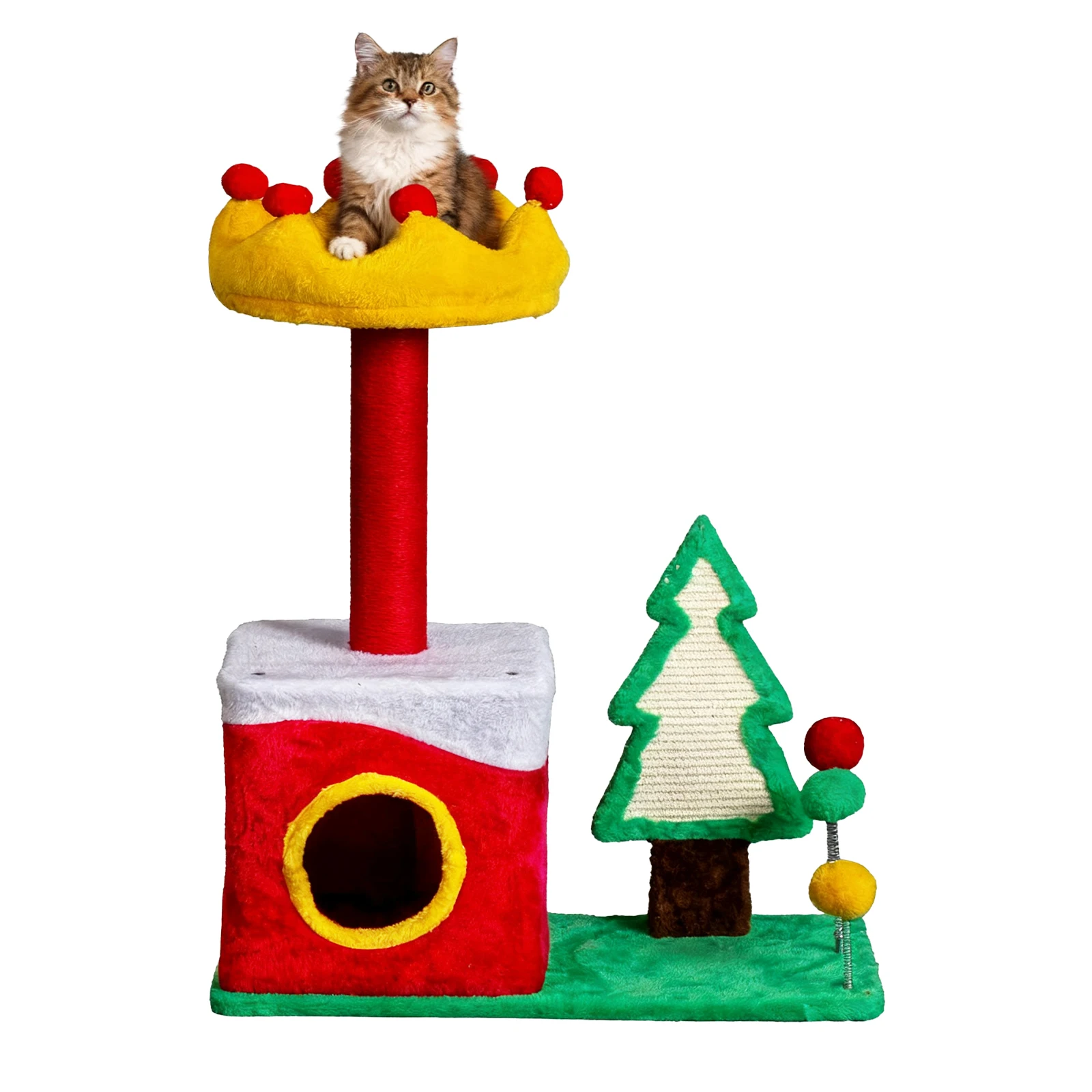 

Christmas Cat Tree with Crown Perch & Cozy Condo Red Green Holiday Cat Scratching Post with Teaser Balls