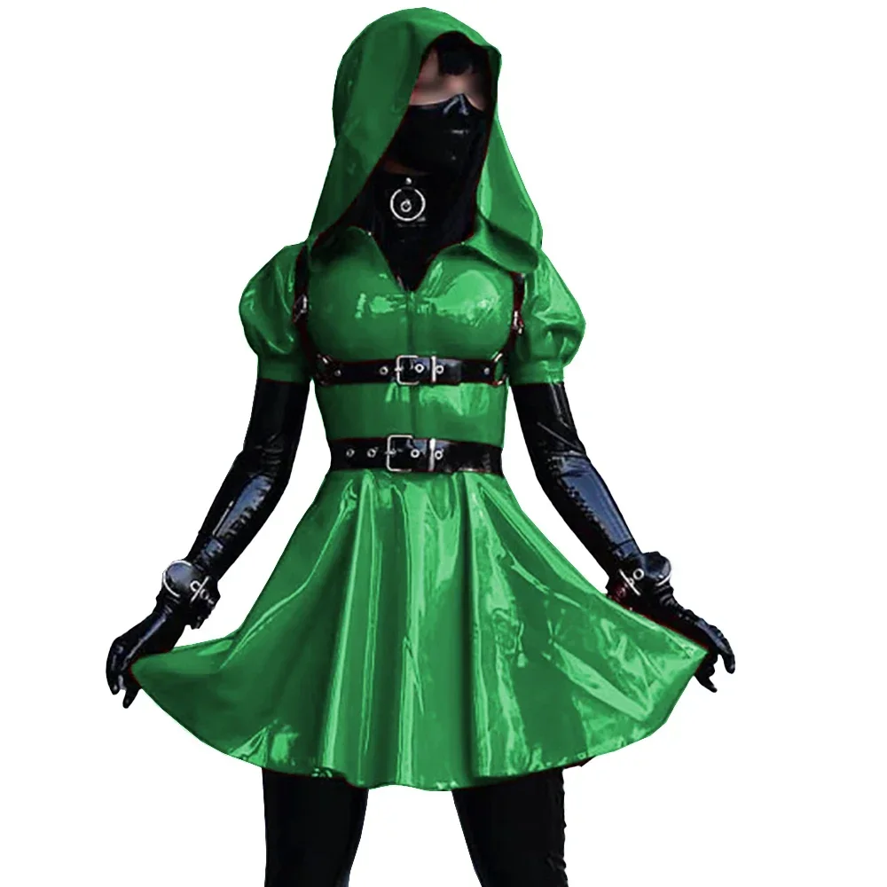 Mini vestido sissy de manga curta para mulheres, couro brilhante, uniforme de cosplay de empregada evasê de pvc, fantasias de Halloween, roupa de dança exótica, 7XL