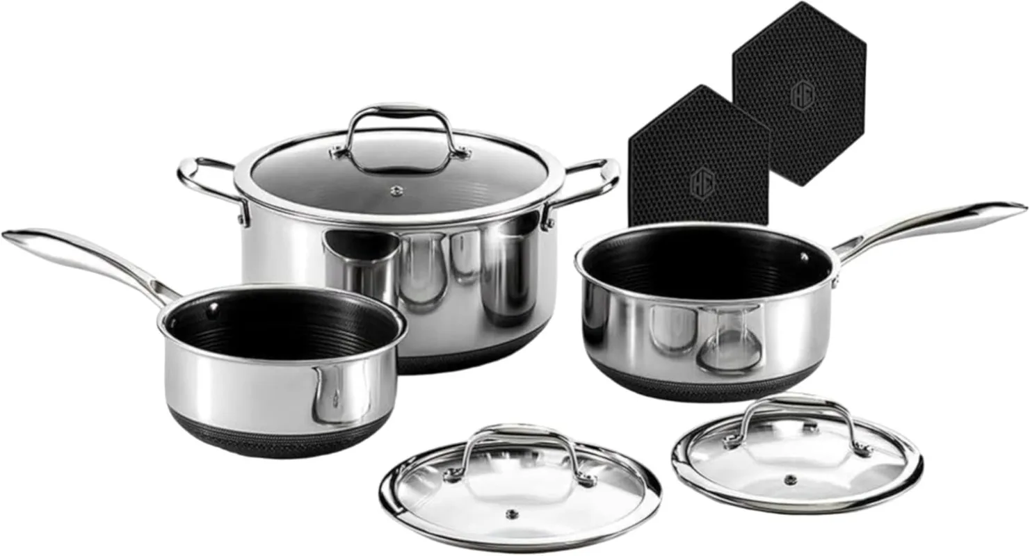 Nonstick 6-Piece Pot Set with Trivets,2,3, and 8-Quart Pots with Tempered Glass Lids,2 Silicone Trivets Included,Dishwasher Safe