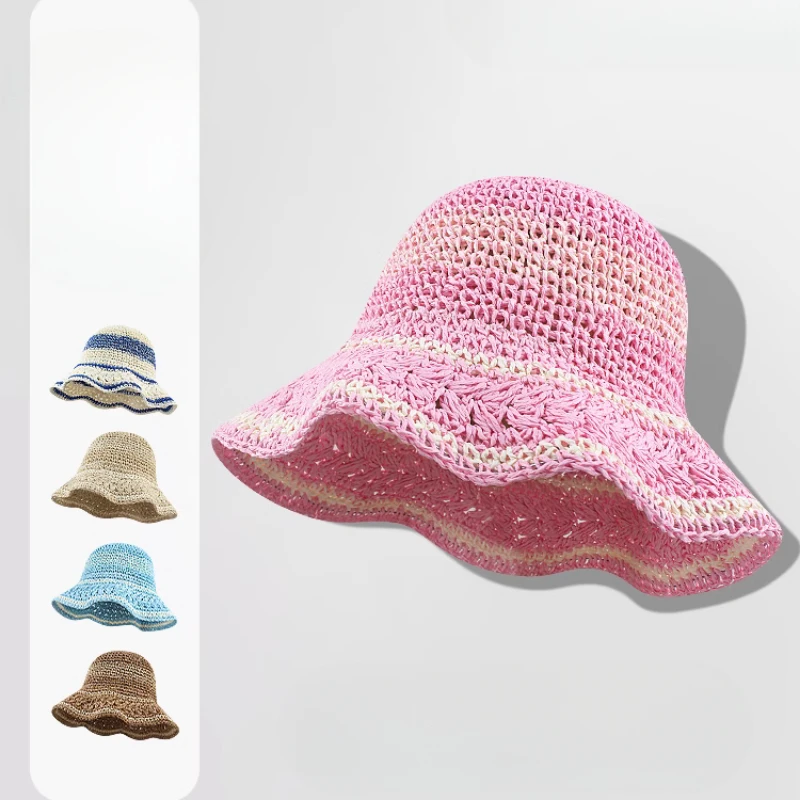 

Japanese Sweet Striped Hand-woven Straw Bucket Hat Summer Breathable Seaside Vacation Shading Foldable Sun Cap for Women's