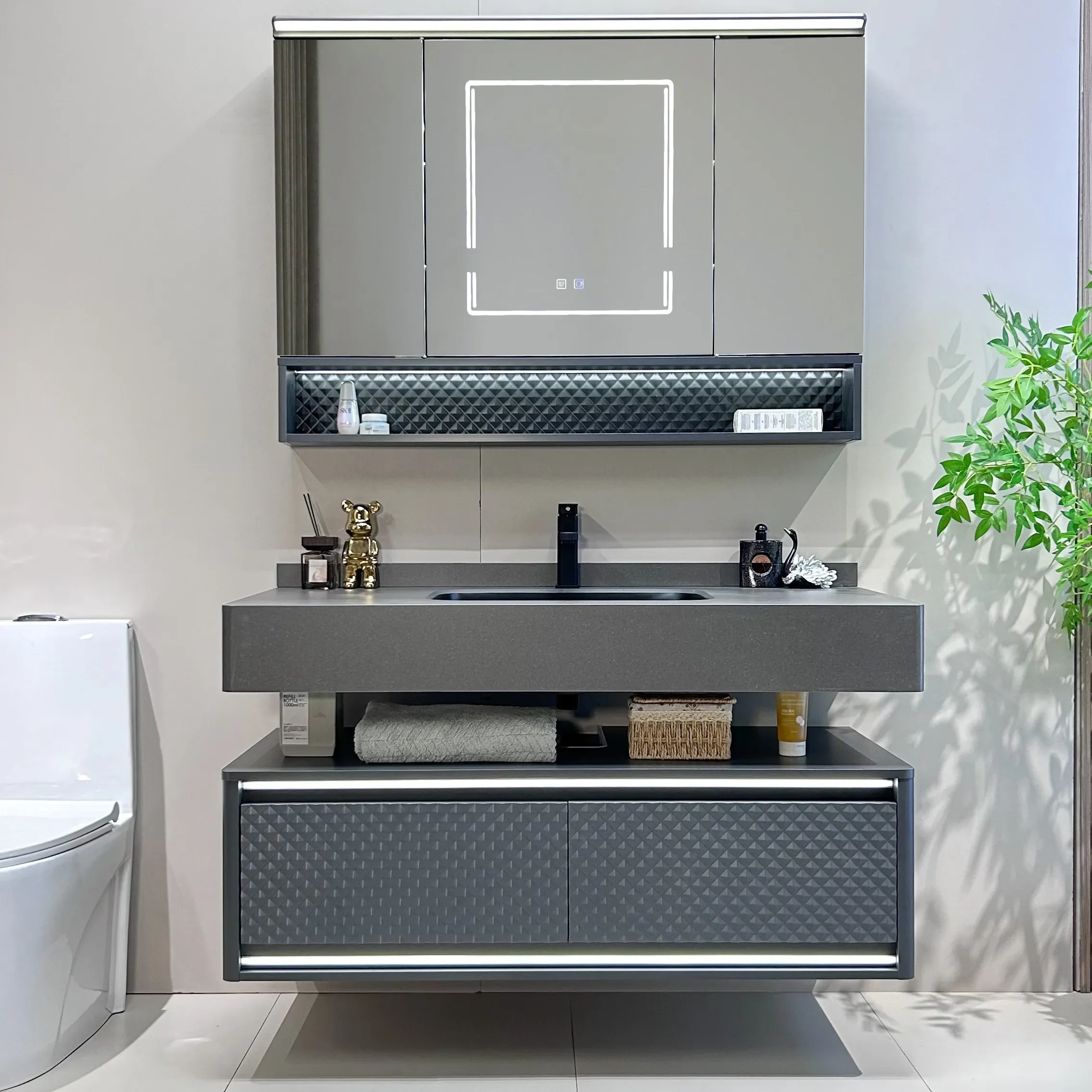 Slate ceramic seamless basin hotel wind bathroom folding feng shui mirror cabinet combination