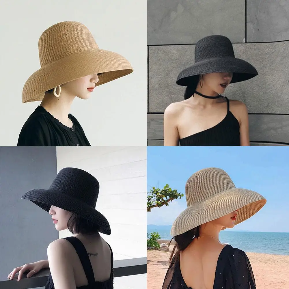 Cappello di paglia a tesa larga stile Hepburn francese cappello da sole estivo fatto a mano da donna grande grondaia Beach Fold cappello da