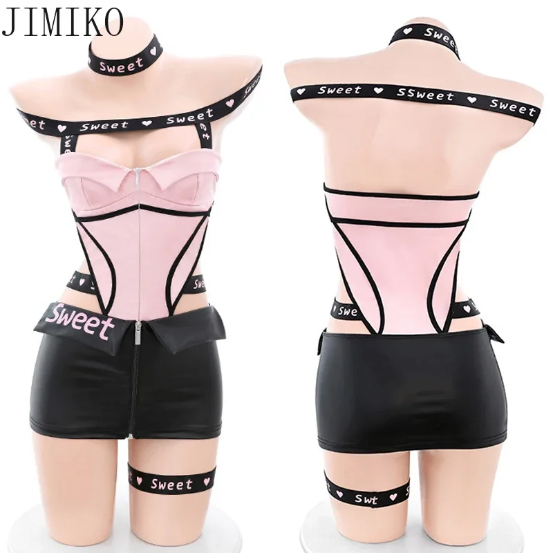 

Anime Game Cyber OL Sexy Cosplay PU Leather Bandage Bodysuits Pink Hollow Out Sleeveless Zipper Slim Streetwear Palysuits Gift