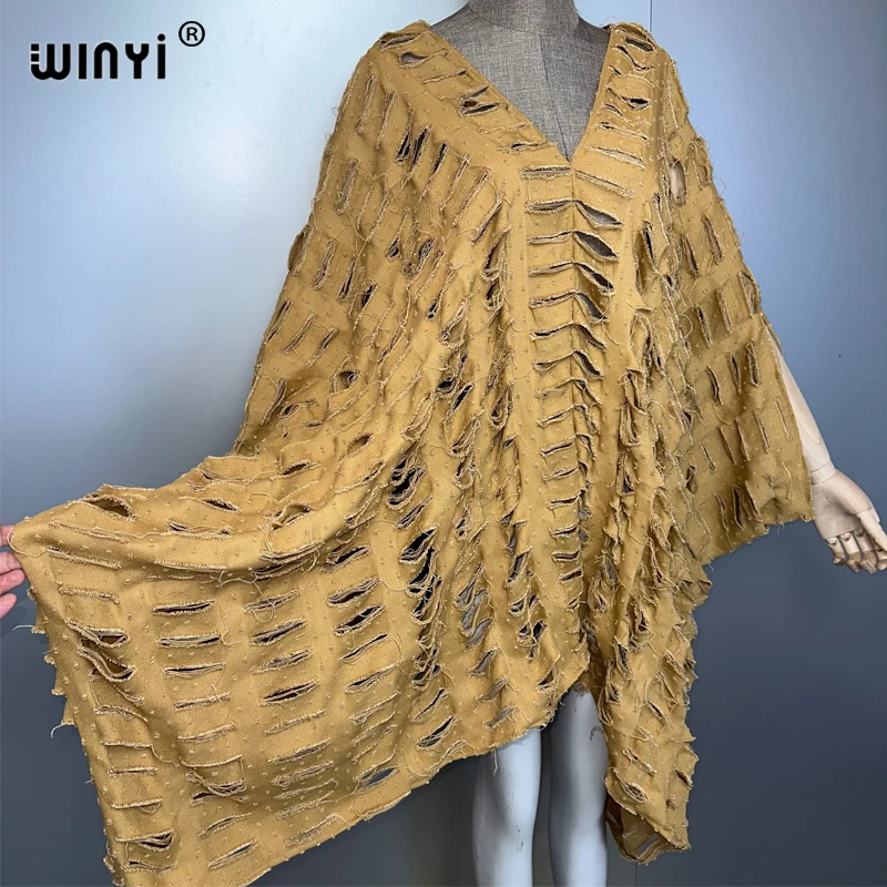 WINYI Original V neck denim sexy short dress with holes New Fashion Africa Womens party holiday Casual Maxi beach dress