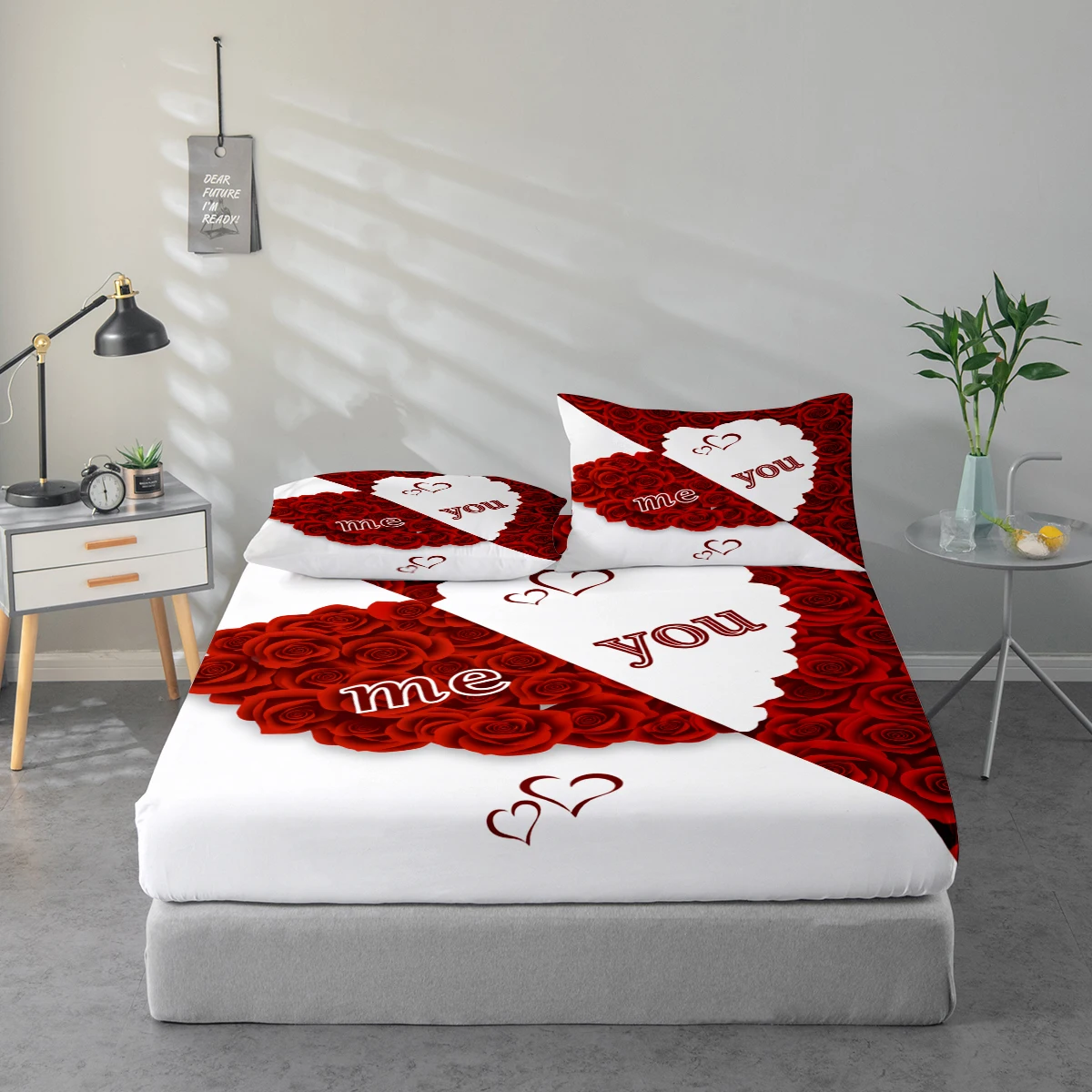 Juego de Sábanas con Estampado de Corazones, Protector de Colchón y Funda de Almohada Combinados. Juego de Sábanas Impresas de Alta Definición que Incluye 1 Sábana Ajustable + 1 o 2 Fundas de Almohada (60*100cm y 72*132cm son 1 Funda de Almohada Cada Una,