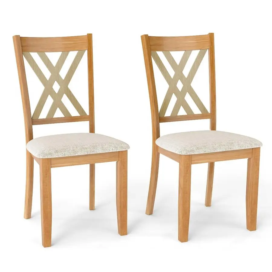 

Wooden Dining Chairs Set of 2, Linen Fabric Upholstered Kitchen Chair w Rubber Wood Frame, Wide Padded Seat, Curved Cross Back,
