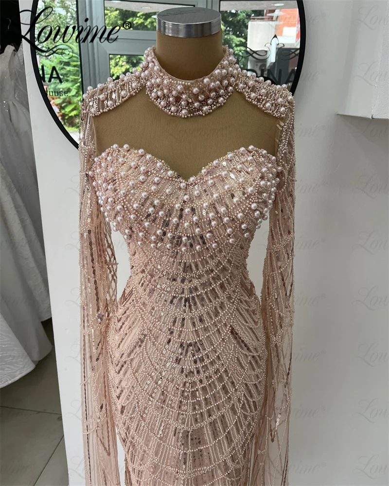 Eleganti abiti da sera arabi rosa 2024 Abito da festa per anniversario di matrimonio con paillettes in rilievo Abiti da ballo con perle arabe Robe De Soiree