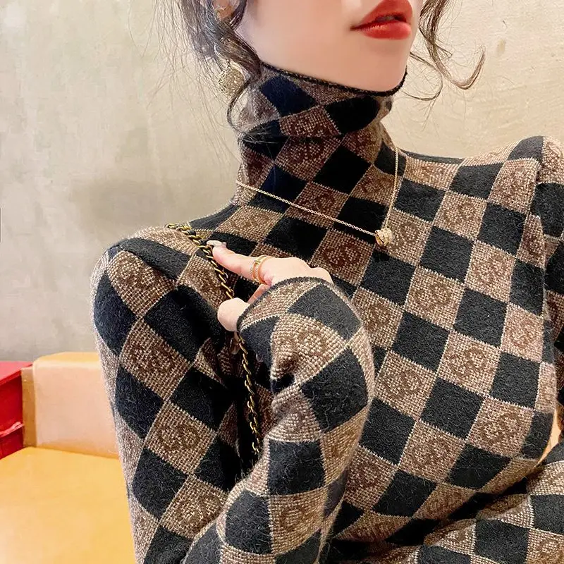 2023 Autumn Winter Women Vintage Argyle Luxury Elegant Turtleneck Knitted Sweater Fashion Long Sleeve Slim Pullover Tops Jumpers