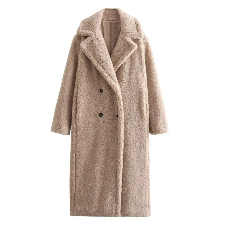 Women's Clothing Trendy Winter Long Wool Coat Warm Overcoat Lapel Versatile Brand Korean Casual Outerwear Faux Fur Coat Black