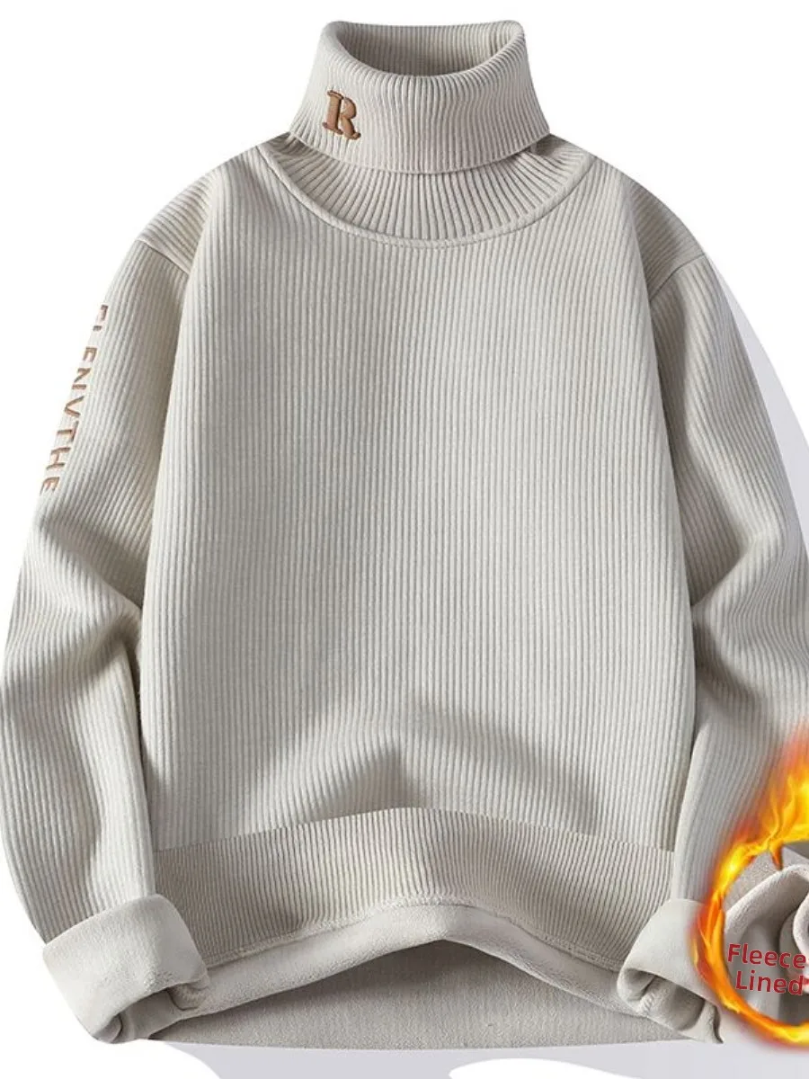 

Мужской свитер с высоким воротником, зимний, на флисовой подкладке, с вышивкой, модный бренд, из вельвета и хлопка