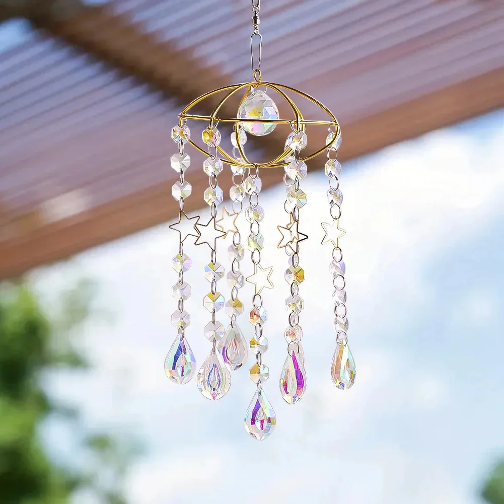 37cm Flying Saucer Stars Crystal Strand Wind Chime Shinning Glass Art Rainbow Maker Sunlight Collector Garden Balcony Adornment