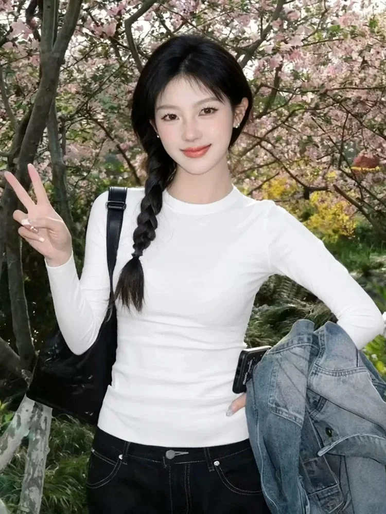 White Long Sleeve Fleece Lined Slim Fit round Neck Base Shirt Women's T-shirt Commute Style Korean Version Autumn Winter Oute...