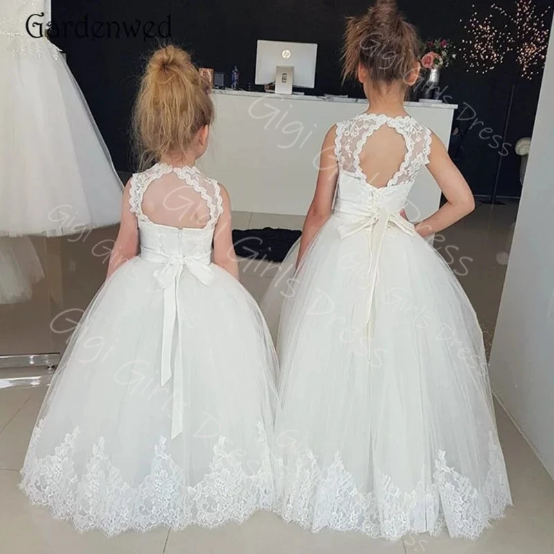 Vestido de niña de flores marfil/blanco para boda, vestido de primera comunión de tul con encaje y fajas con cuentas, Vestidos de novia personalizados