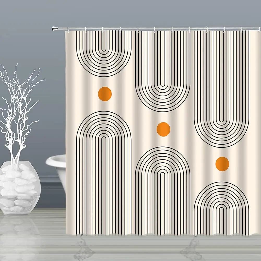 Abstract Mid Century Shower Curtain Arch Sun Moon Minimalist Geometric Curve Stripes Semicircle Modern Fabric Bath Curtain Hook