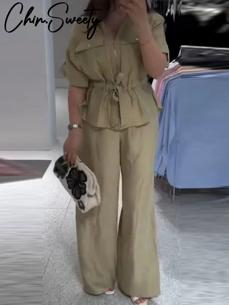 Casual Coat Pant Set Women Loose Zipper V-neck Lace Up Pleat Top Wide Leg Trousers Suit 2026 Spring Summer Lady Outfits New