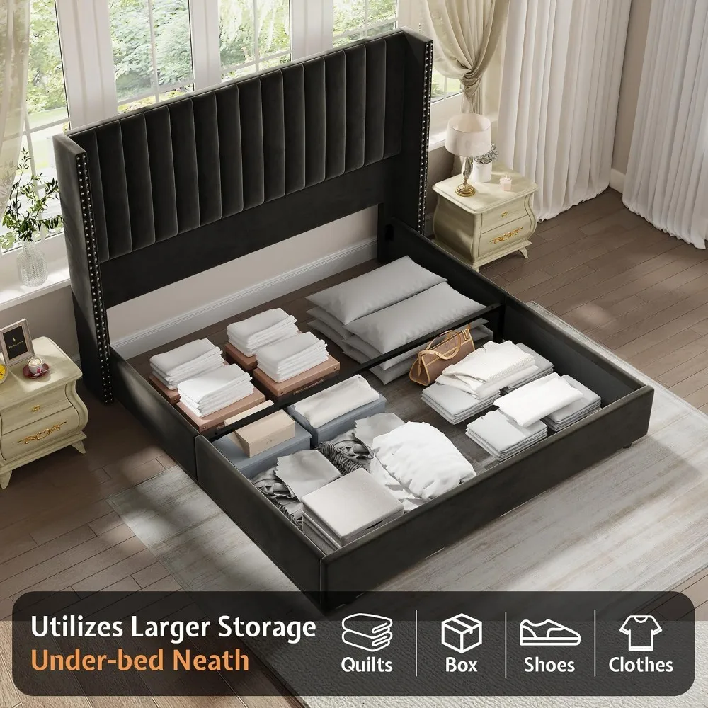 

King Size Lift Up Storage Bed Frame, Platform Bed Velvet with Channel Tufted Wingback Headboard, No Box, Customized