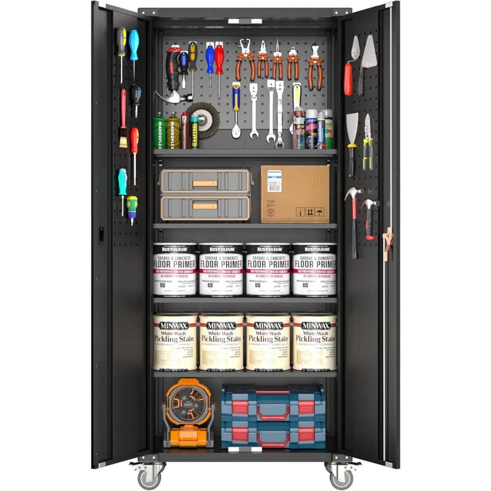Locking Metal Cabinet w/Wheels, Pegboard, Utility & Garage Storage, 72”, Black