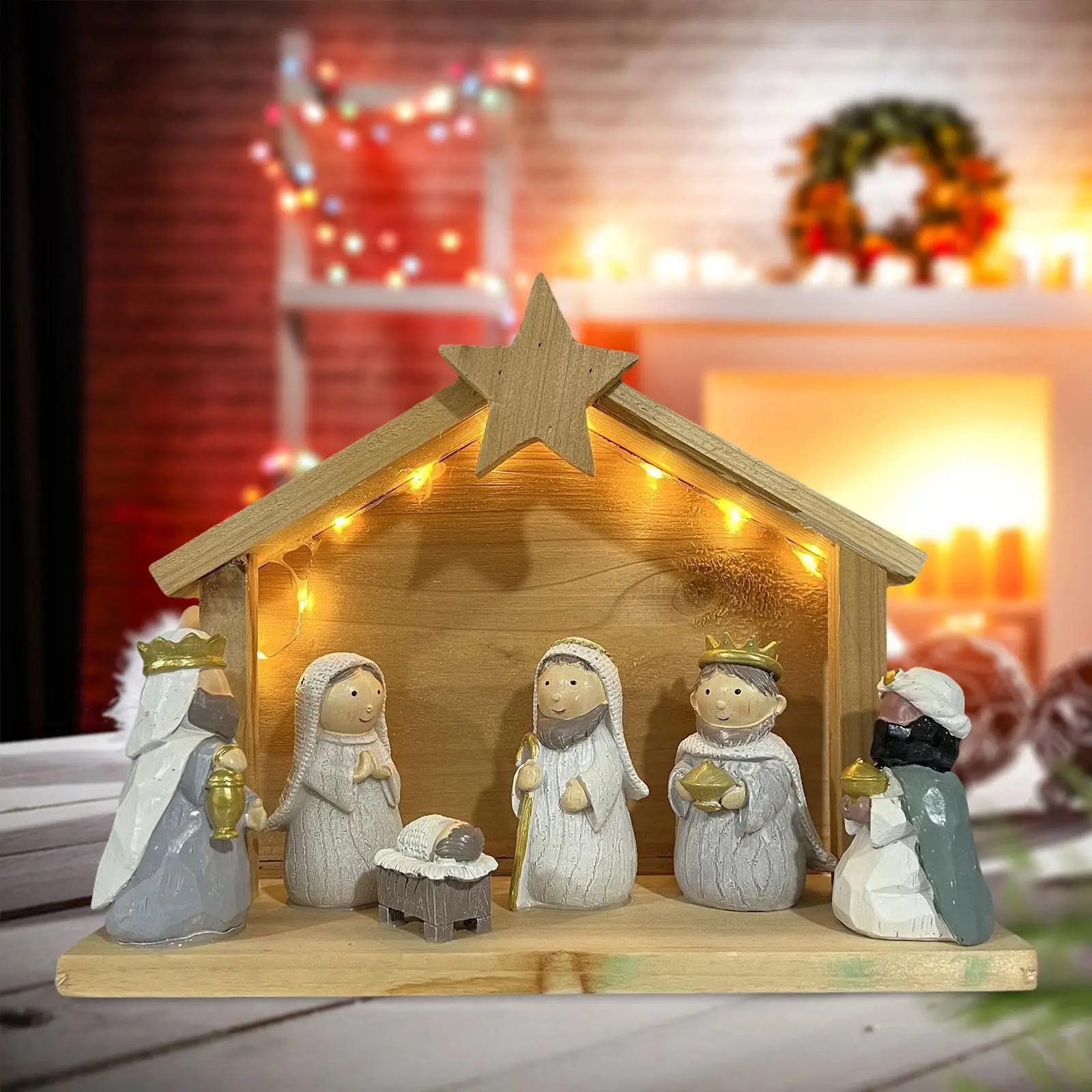Christmas Nativity Scene Statue with Light for Bookshelf Cabinet Living Room