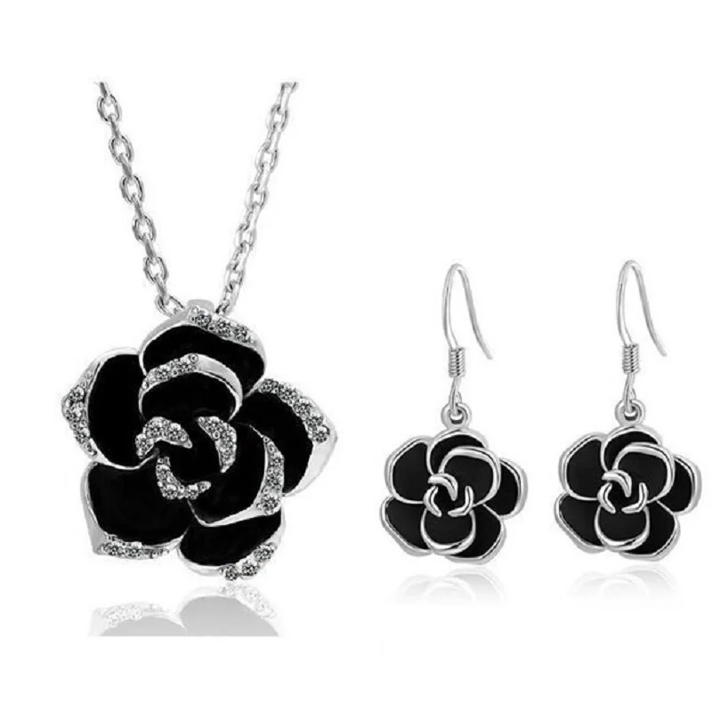 الأزياء روز زهرة مجموعة حُلي مطلية بالمينا روز الذهب اللون الأسود اللوحة الزفاف والمجوهرات مجموعات للنساء الزفاف #3