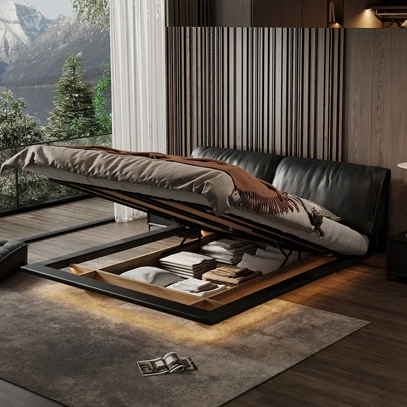 سرير مزدوج للفتيات، سرير كوين لوفت فاخر بحجم كينغ، سرير أميرات خشبي متعدد الوظائف، أثاث جناح صالة كاما من الجلد