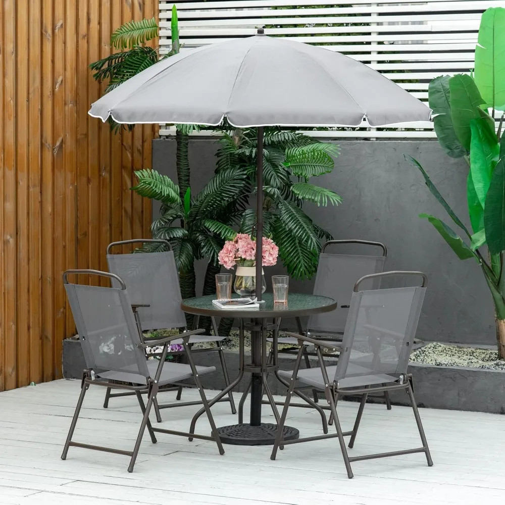 

6 Piece Patio Dining Set for 4 with Umbrella, Outdoor Table and Chairs with 4 Folding Dining Chairs&Round Glass Table for Garden