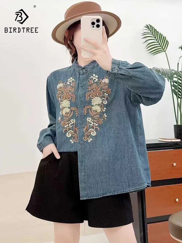 

New 2025 Autumn Long Sleeve Denim Shirt, Women Stand Ruffles Embroidery, Mori Girl Retro Japan Style Chic Loose Blouse T5N455CC