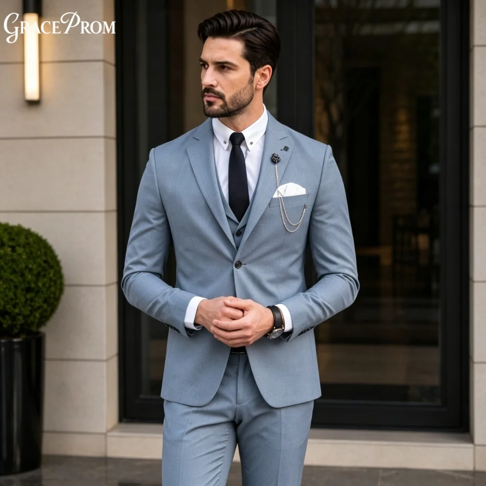 Sleek Light Grey Men Suit Set 3PCS 2027 For Wedding Formal Business Groom Best Man Outfit Stylish Office Customized Men's Suit