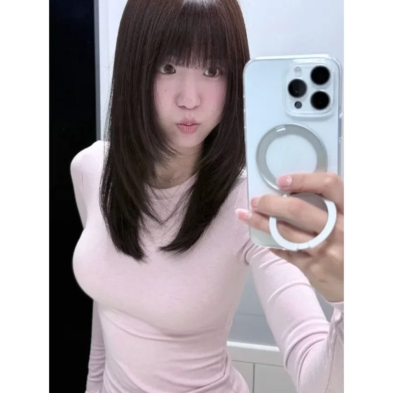 Vintage Harajuku Fairycore Shirt Basic Long Sleeve Crop Top for Women American Retro O Neck Slim Fit Solid Shirt Streetwear Tee