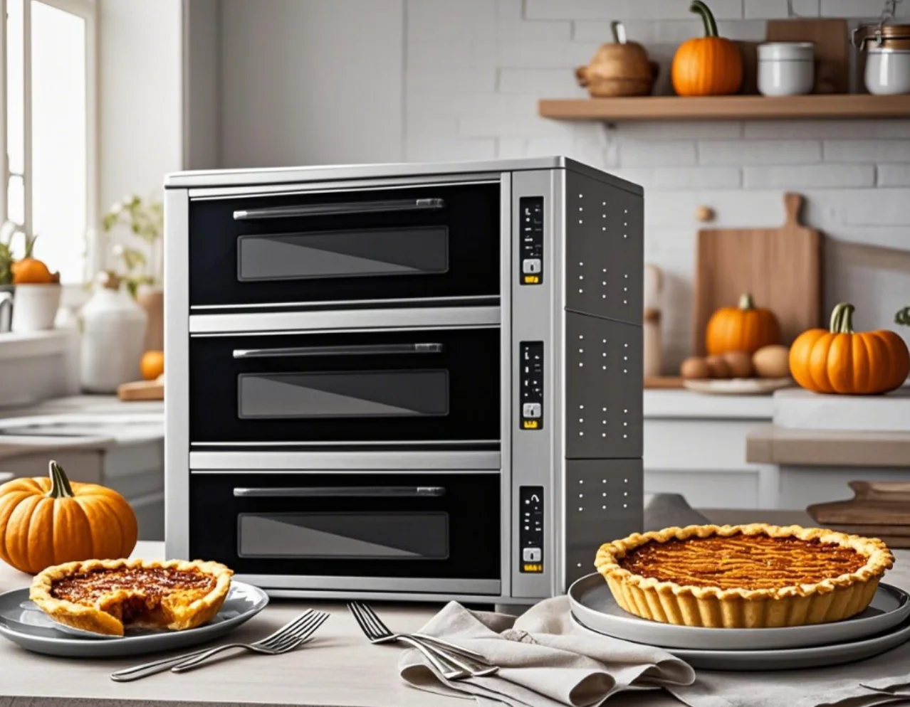 التجارية 350 ℃   فرن بيتزا فرن بيتزا جديد ثلاثي الطبقات من حجر البلاط فرن متعدد الوظائف لبيتزا الكرواسون